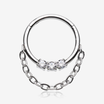 Chained Classic 3 Gem Sparkle Clicker Hoop Ring-Clear Gem